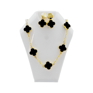 Set de Collar y Aretes en Rodio – 5 Tréboles Blanco y Negro