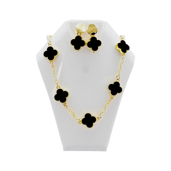 Set de Collar y Aretes en Rodio – 5 Tréboles Blanco y Negro
